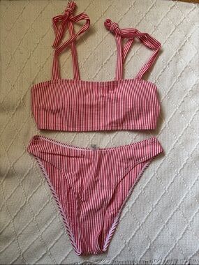 NWT SHEIN Red & White Striped Bikini Set